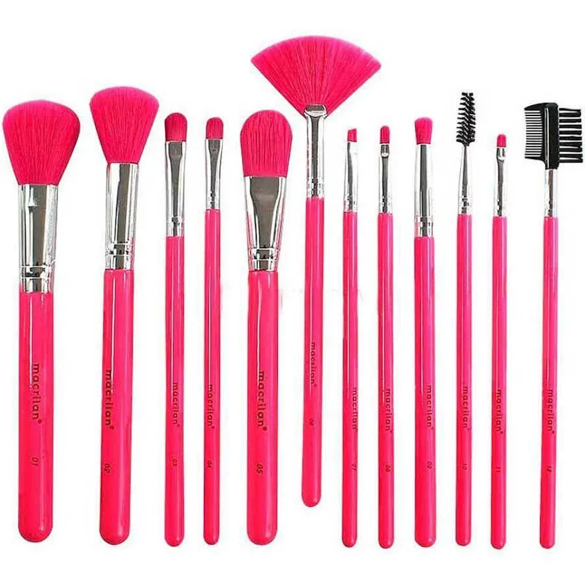 Kit 12 Pincéis de Maquiagem Rosa Neon Macrilan